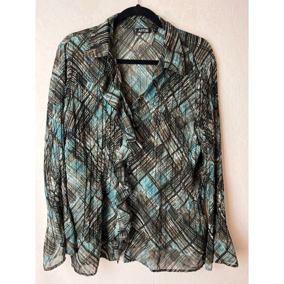 Apt 9 Novelty Print Teal Multicolor Blouse Size XL Sheer - Picture 1 of 5